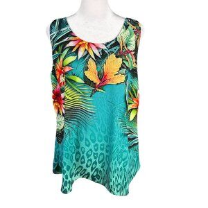Chico's 1 M Reversible Tank Top Tropical Floral Animal Print Teal Green Blouse